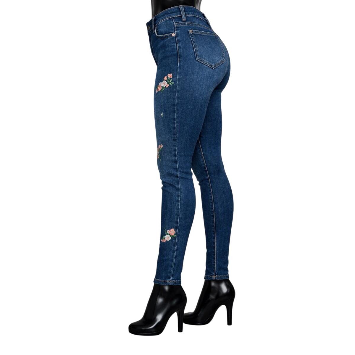 Pantalón de mezclilla ajustado azul marino con flores en tonos rosas y blancas, para mujer, de la marca My Store 2.