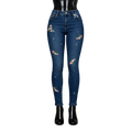 Pantalón entubado azul marino con flores en tonos rojos y blancos, de mezclilla para mujer, estilo ajustado y moderno.