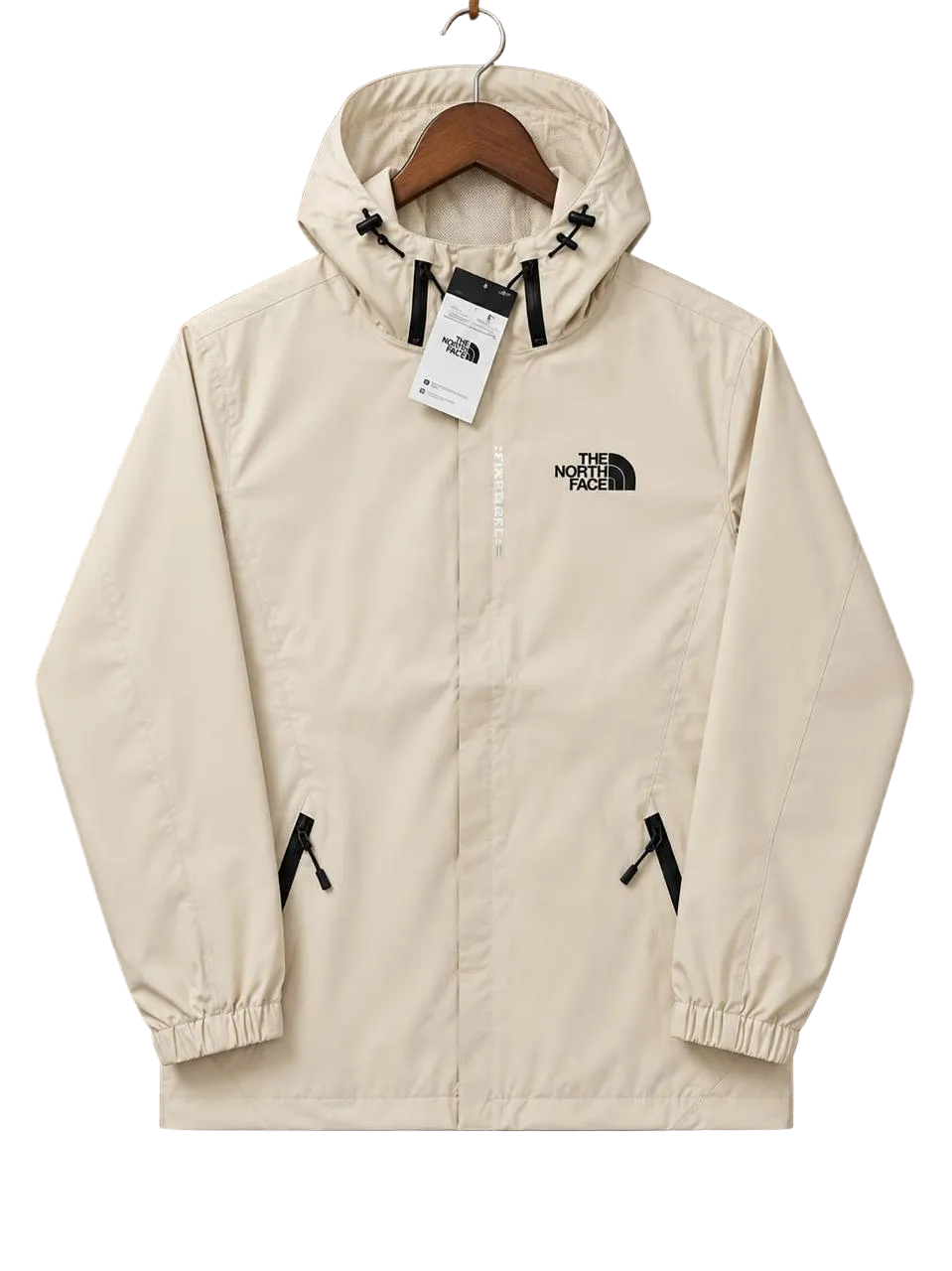 Chamarra rompevientos impermeable The North Face en color oscuro, diseñada para protección contra el viento y la lluvia.