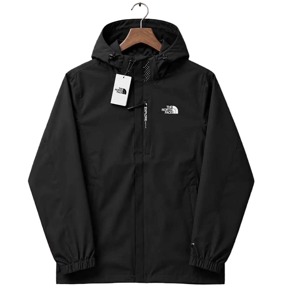 Chamarra rompevientos impermeable de The North Face en color negro, con capucha y cierre frontal, para protección contra el viento y la lluvia.
