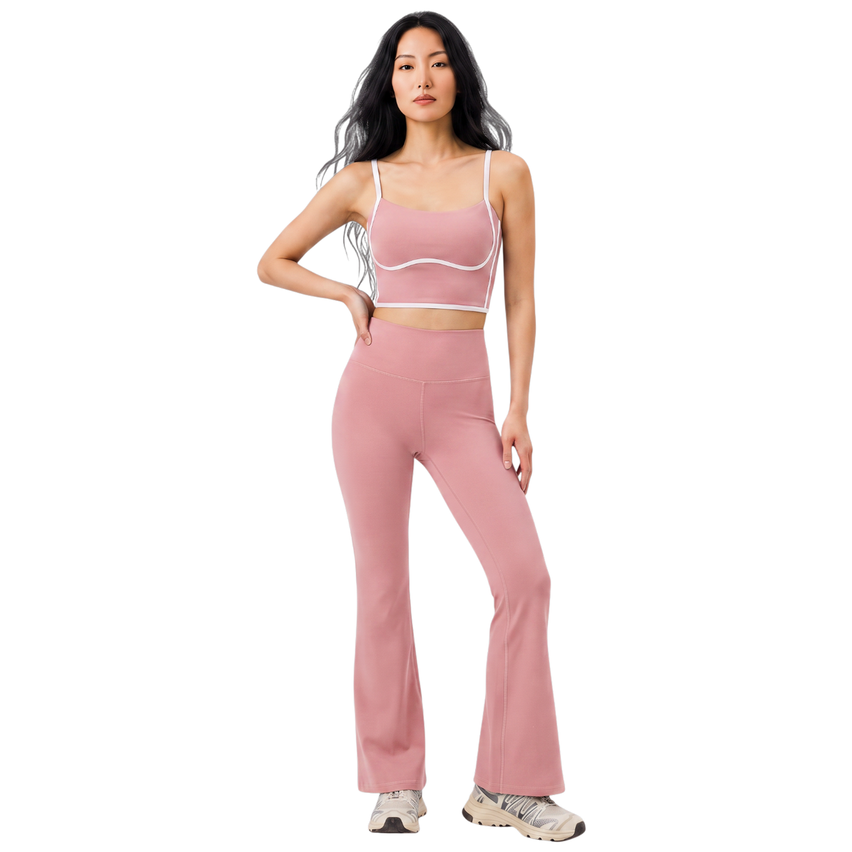 Leggins acampanados y top ajustable de ropa deportiva de la marca My Store 2, en color rosa, ideal para entrenamiento.