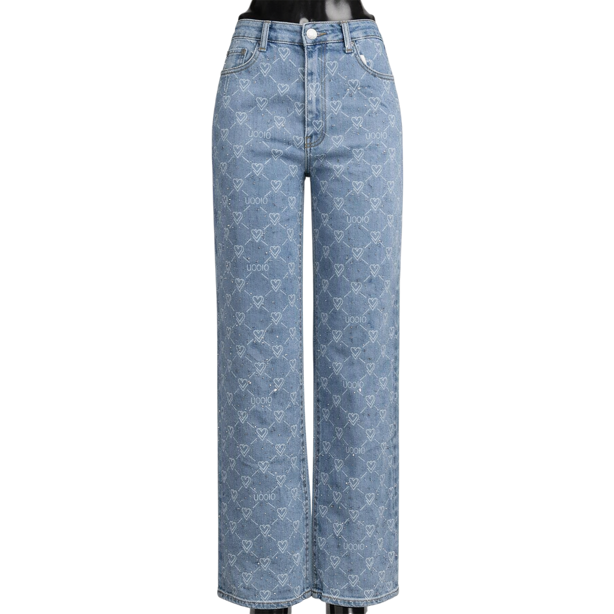 Pantalón de mezclilla azul claro con corazones y detalles de brillos para mujer, estilo holgado y moderno.