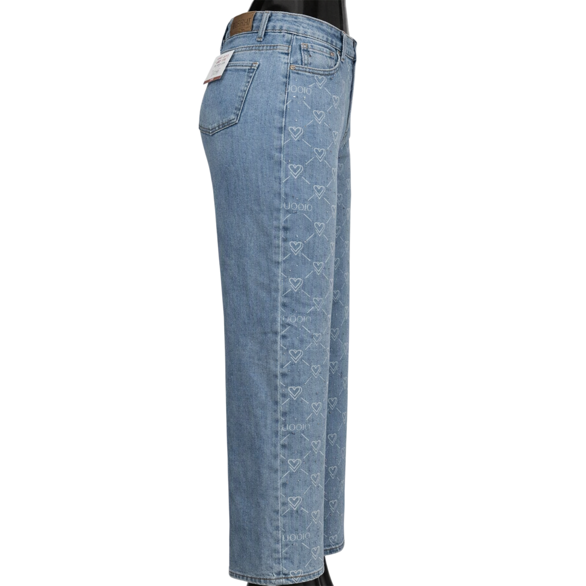Pantalón de mezclilla azul claro con corazones y detalles de brillos para mujer, estilo holgado, de la marca My Store 2.