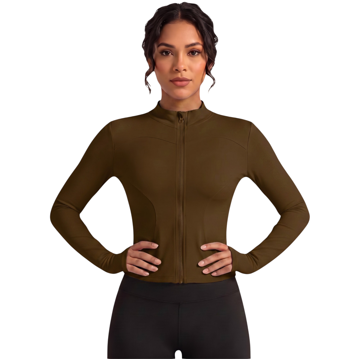 Chaqueta de yoga marrón de ropa deportiva Selah Boutique, diseño cómodo y ajustado para practicar yoga y ejercicio.