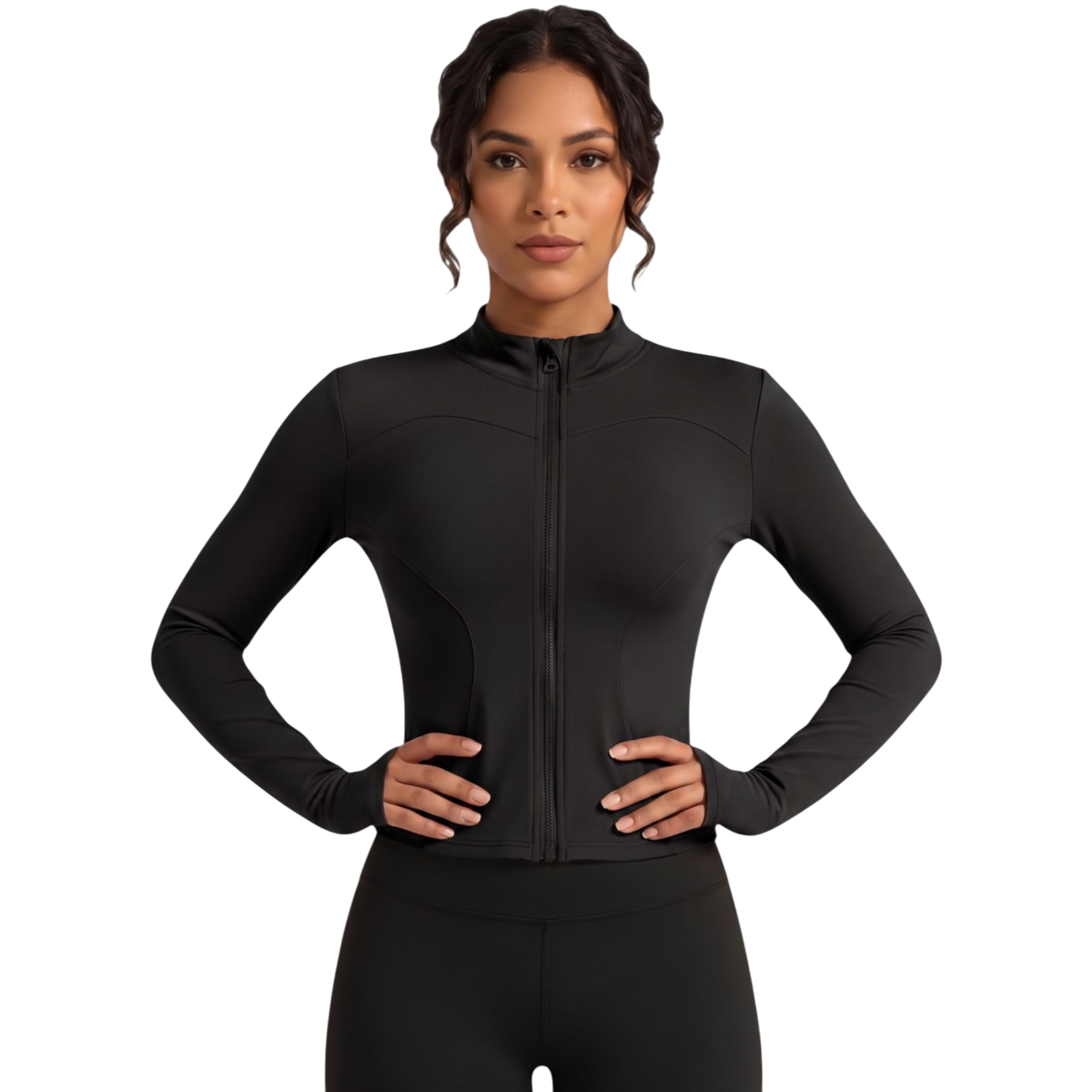 Chaqueta de yoga negra de ropa deportiva Selah Boutique, ideal para ejercicio y comodidad.