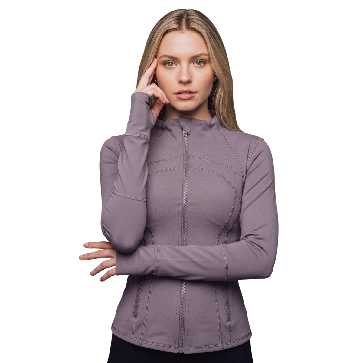 Chaqueta deportiva de cuello alto en color morado de la marca My Store 2, diseñada para entrenamiento y actividades físicas.