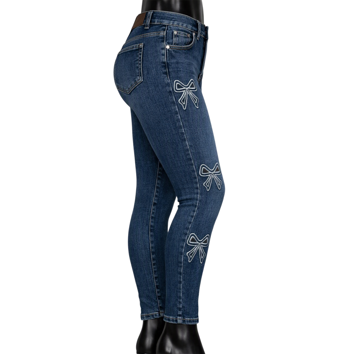 Pantalón de mezclilla ajustado azul oscuro con detalles de moños laterales, pantalones entubados para mujer, de la marca My Store 2.