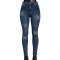 Pantalón entubado azul oscuro de mezclilla para mujer con moños tejidos, ajustado y de estilo moderno.