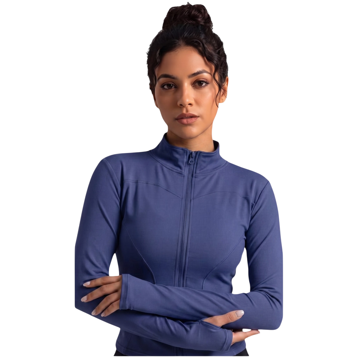Chaqueta de yoga azul de Selah Boutique, ropa deportiva cómoda con diseño ajustado y tela flexible para practicar yoga.