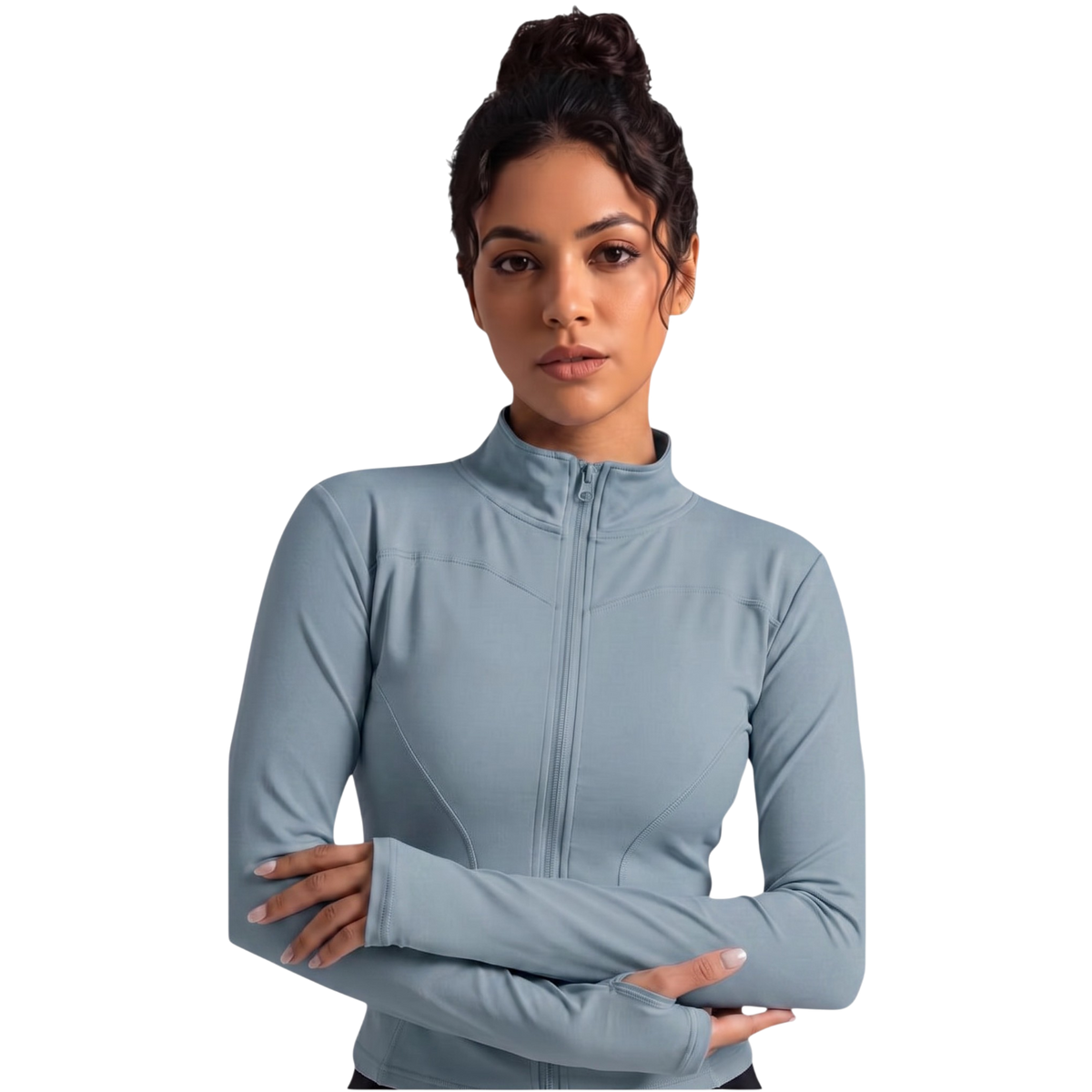 Chaqueta de yoga gris y azul de ropa deportiva Selah Boutique, con estilo cómodo y casual para practicar yoga o ejercicio.