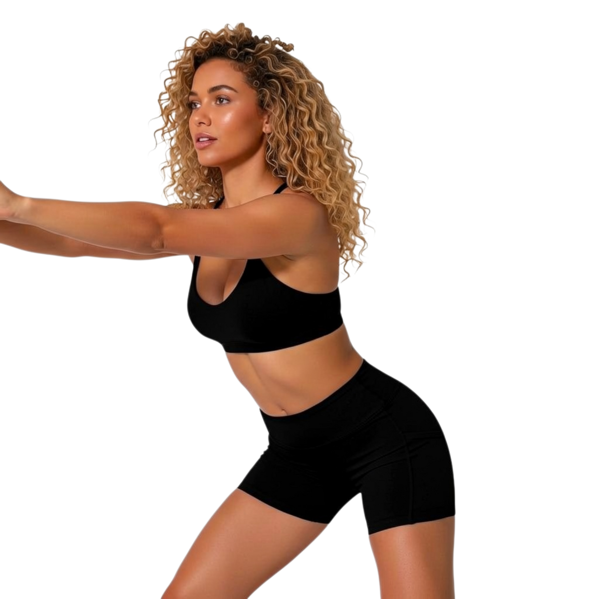 Conjunto de ropa deportiva de short y top cruzado en color negro de la marca My Store 2, ideal para entrenar o hacer ejercicio.