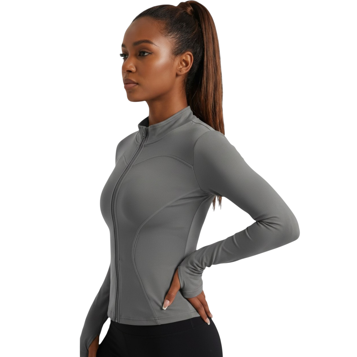Chaqueta de yoga gris de ropa deportiva de la marca Selah Boutique, diseñada para actividades de yoga y entrenamiento.