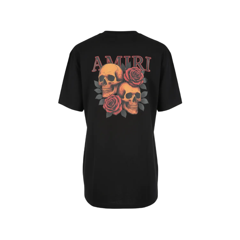 Playera premium AMIRI negra con calaveras en la espalda, talla XL, diseñada por Selah Boutique, con detalles de calaveras en la parte trasera.