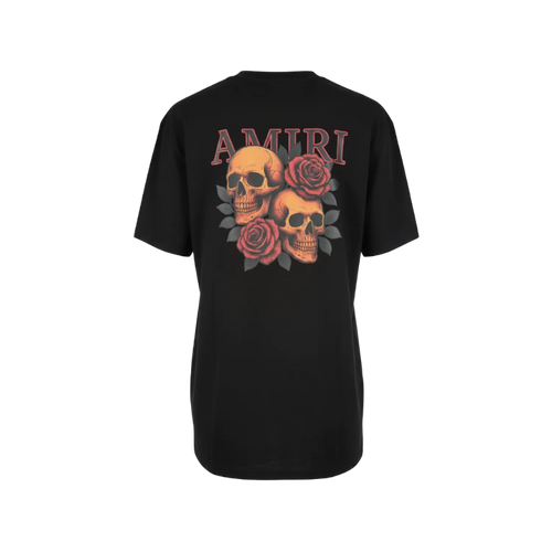 Playera premium AMIRI negra con calaveras en la espalda, talla XL, diseñada por Selah Boutique, con detalles de calaveras en la parte trasera.