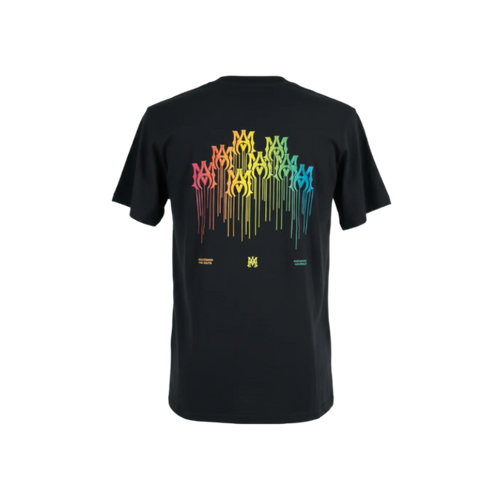 Playera premium AMIRI negra con letras de colores en la espalda, talla XL, diseño moderno y llamativo.