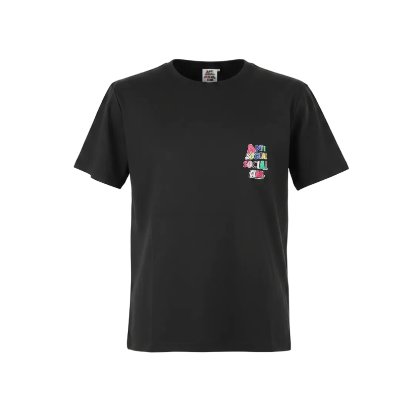 Playera premium Antisocial Club negra con letras de colores en la espalda, talla XL, de la marca Selah Boutique.