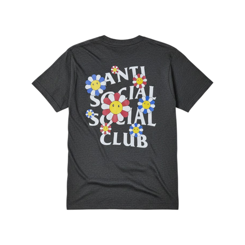 Playera premium anti social gris Oxford con flores, vista de espalda, diseñada por Selah Boutique.