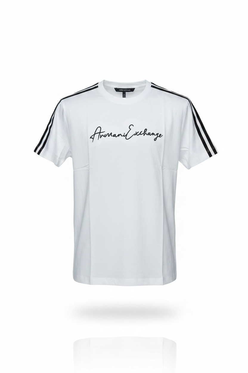 PLAYERA ARMANI EXCHANGE BLANCA LETRAS NEGRAS Y LINEAS NEGRAS EN HOMBROS