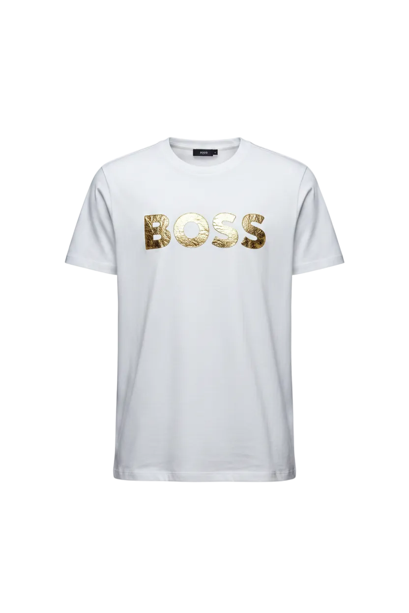 PLAYERA HUGO BOSS BLANCA LETRAS DORADAS