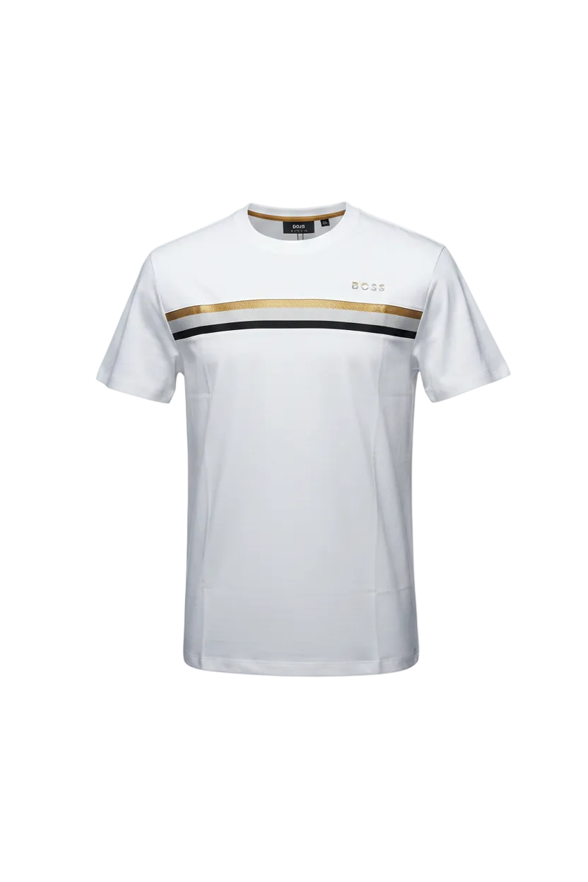 PLAYERA HUGO BOSS BLANCA LINEAS HORIZONTALES DORADA, BLANCA Y NEGRA