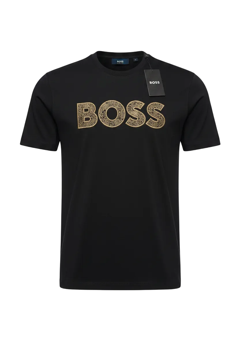 PLAYERA HUGO BOSS NEGRA LETRAS DORADAS