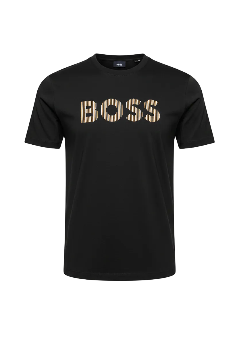 PLAYERA HUGO BOSS NEGRA LETRAS CON LINEAS VERTICALES BLANCAS