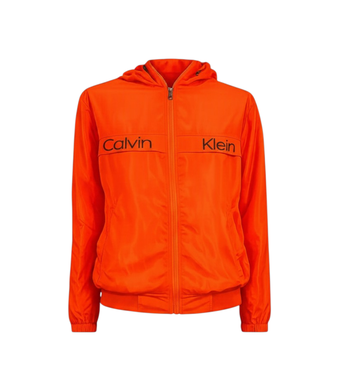Chaqueta rompevientos naranja fluorescente de Calvin Klein, con diseño deportivo y cierre frontal.