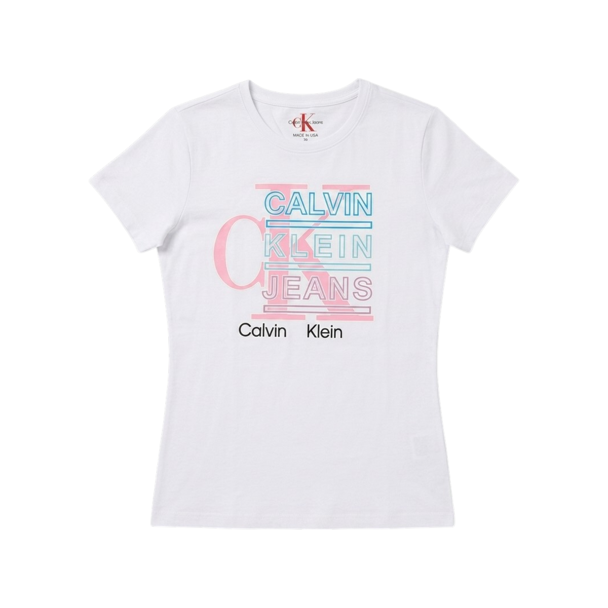 Playera esencial Calvin Klein con letras CK rosas, vista frontal con diseño de logo en la parte delantera.