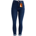 Pantalón de mezclilla entubado azul con detalle en tobillos para mujer, estilo moderno y ajustado.