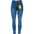 Pantalón entubado azul con corazones de mezclilla para mujer, diseño frontal con detalles de corazones en la tela.