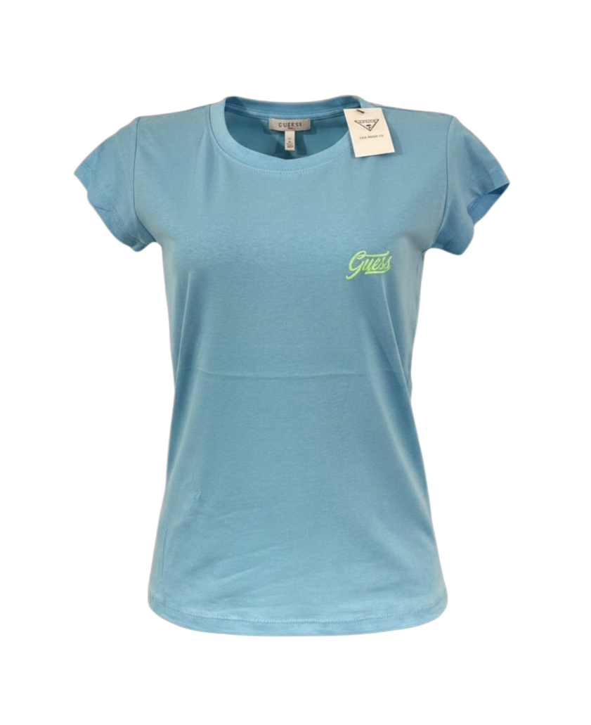 Playera premium GUESS con logo verde fluorescente para mujer, diseño moderno y llamativo en color azul.