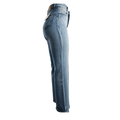 Pantalones de mezclilla holgados con brillo y bolsillos para mujer, estilo casual y moderno, en color oscuro.