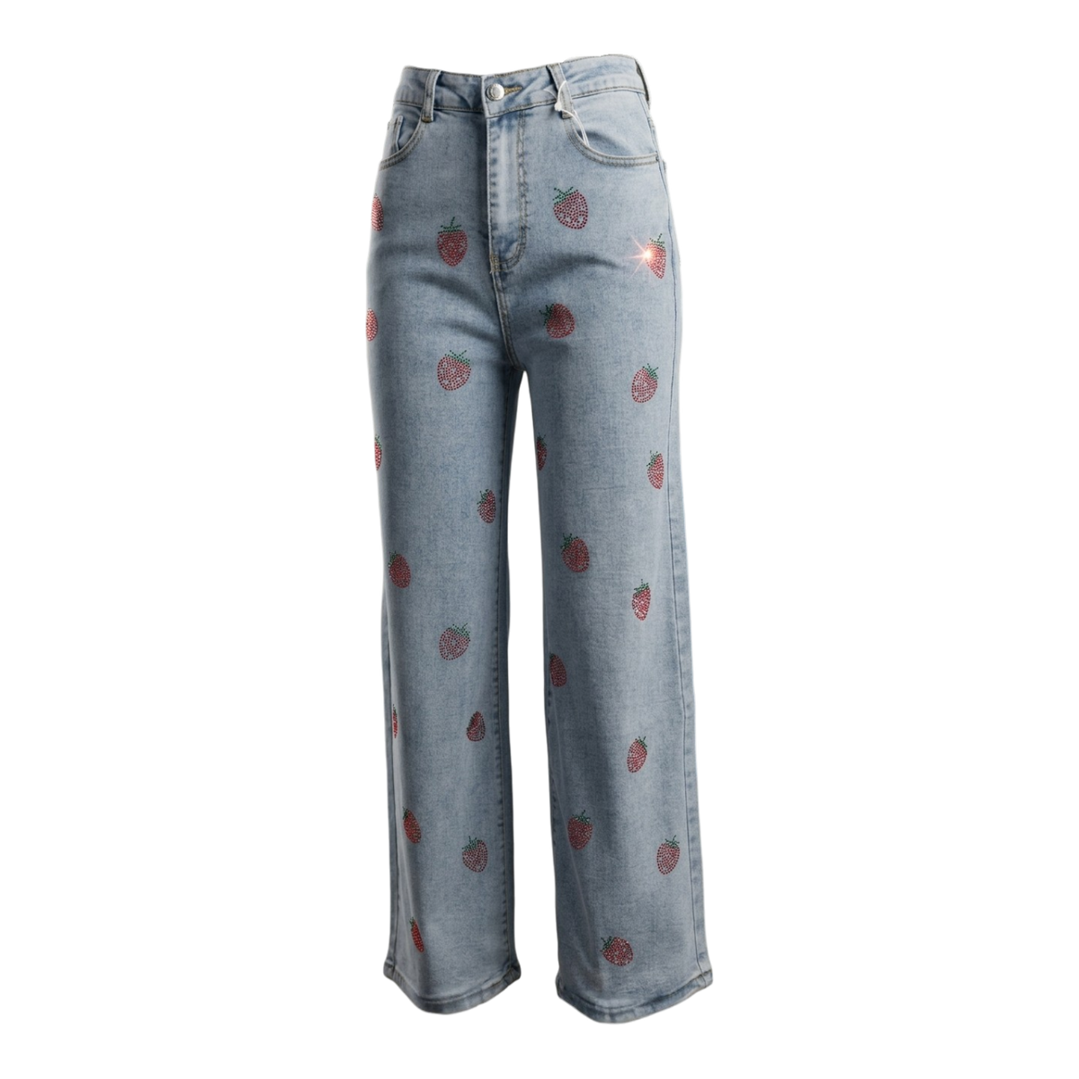 Pantalón holgado de mezclilla para mujer con estampado de fresas y detalles brillantes, estilo casual y cómodo de My Store 2.