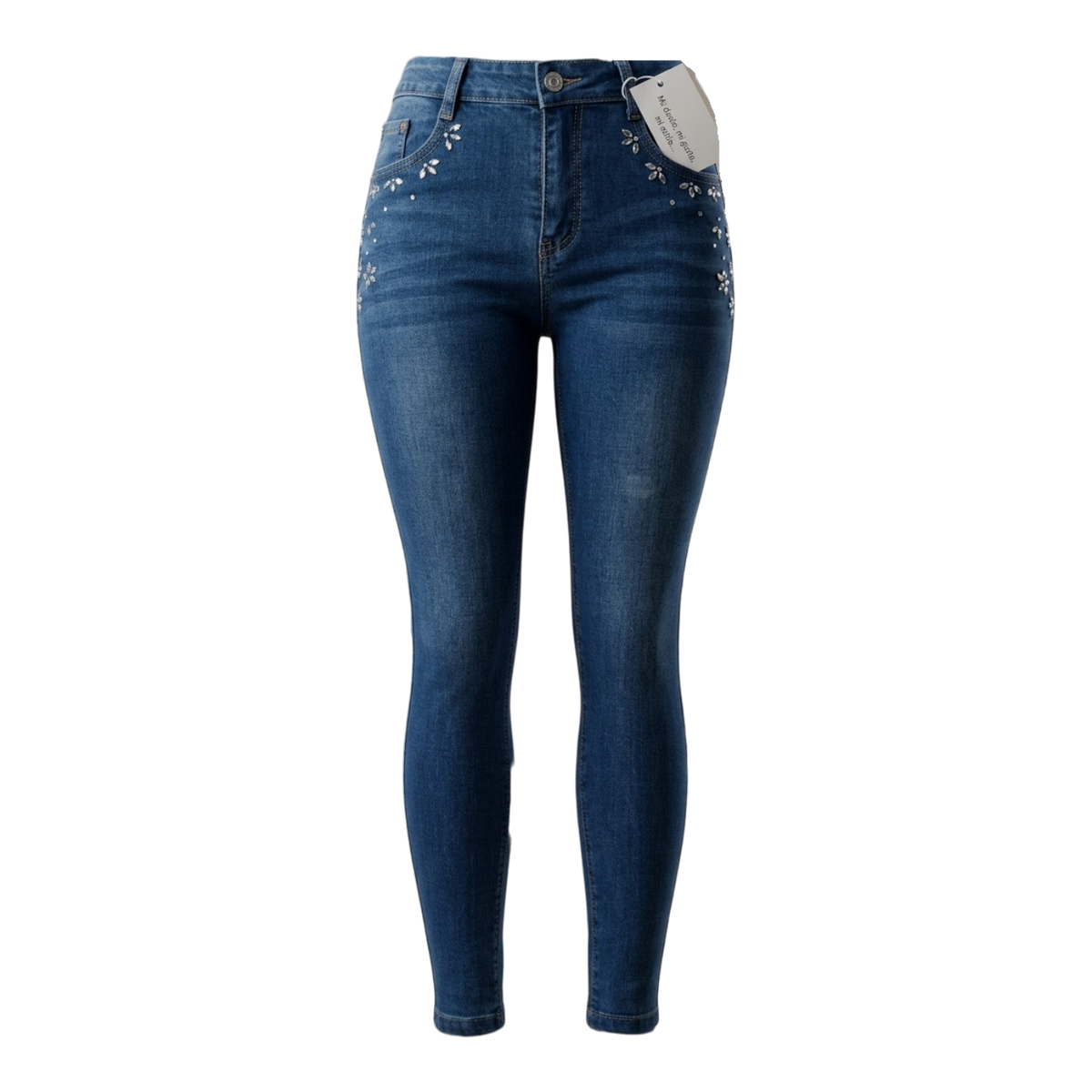 Pantalón entubado de mezclilla azul para mujer con cristales florales, de la marca My Store 2.