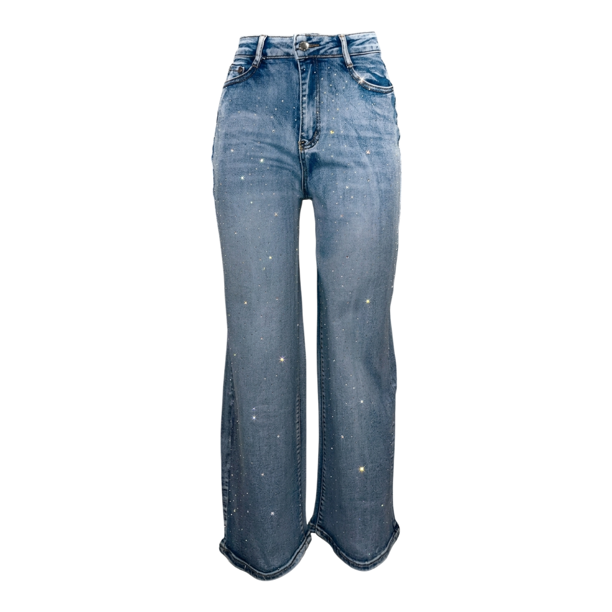 Pantalones de mezclilla holgados con brillos para mujer, estilo casual y moderno, en imagen que muestra su diseño y textura.
