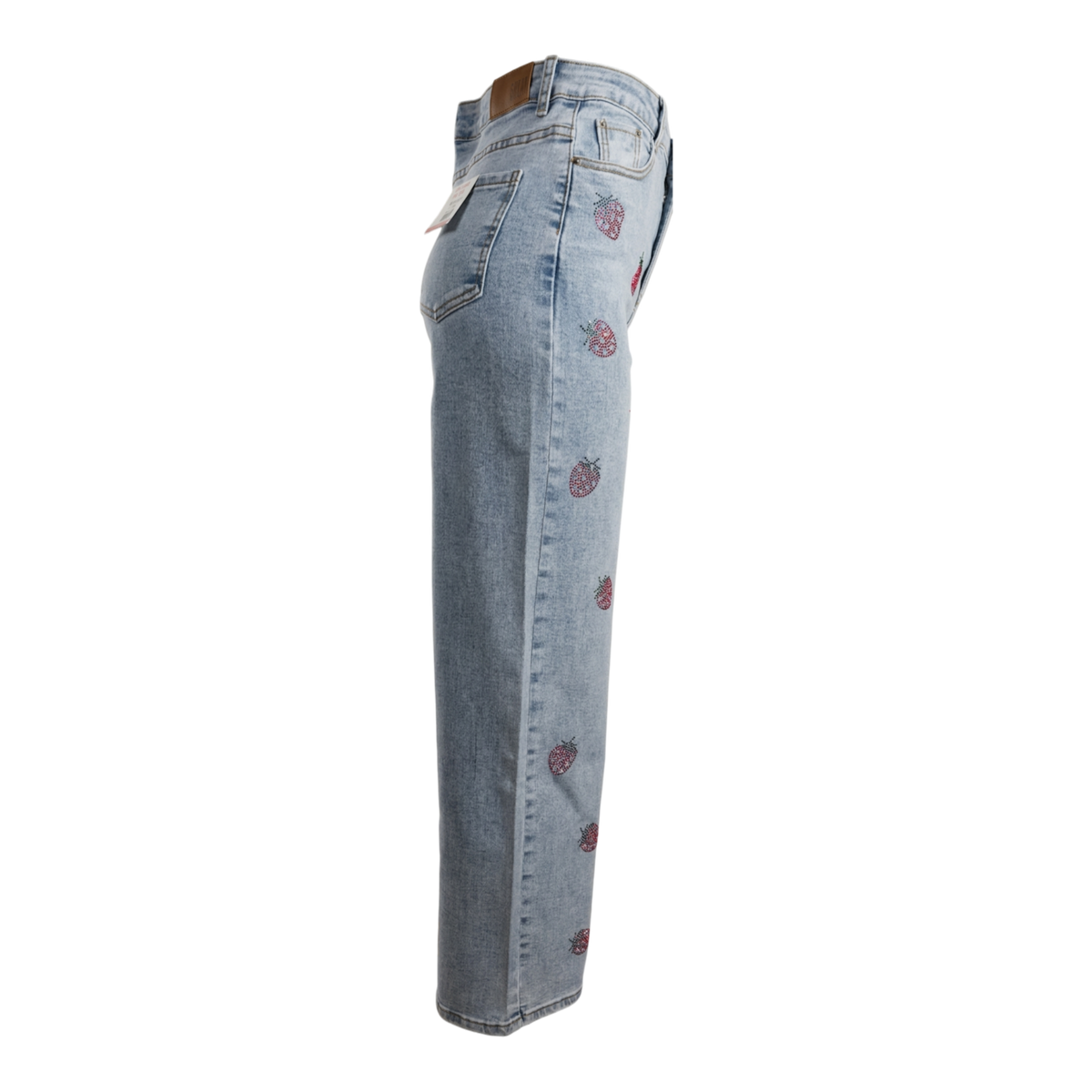 Pantalón de mezclilla mujer holgado con fresas y brillos, estilo casual y cómodo, en color azul claro.