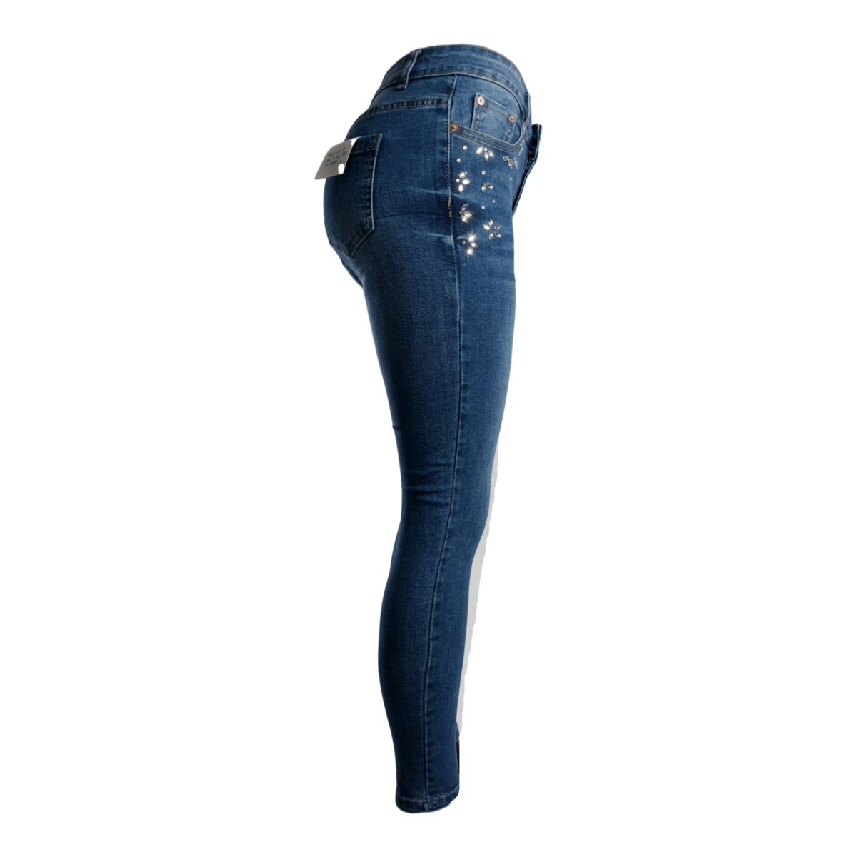 Pantalón entubado azul de mezclilla para mujer con cristales en forma de flor, de la marca My Store 2.