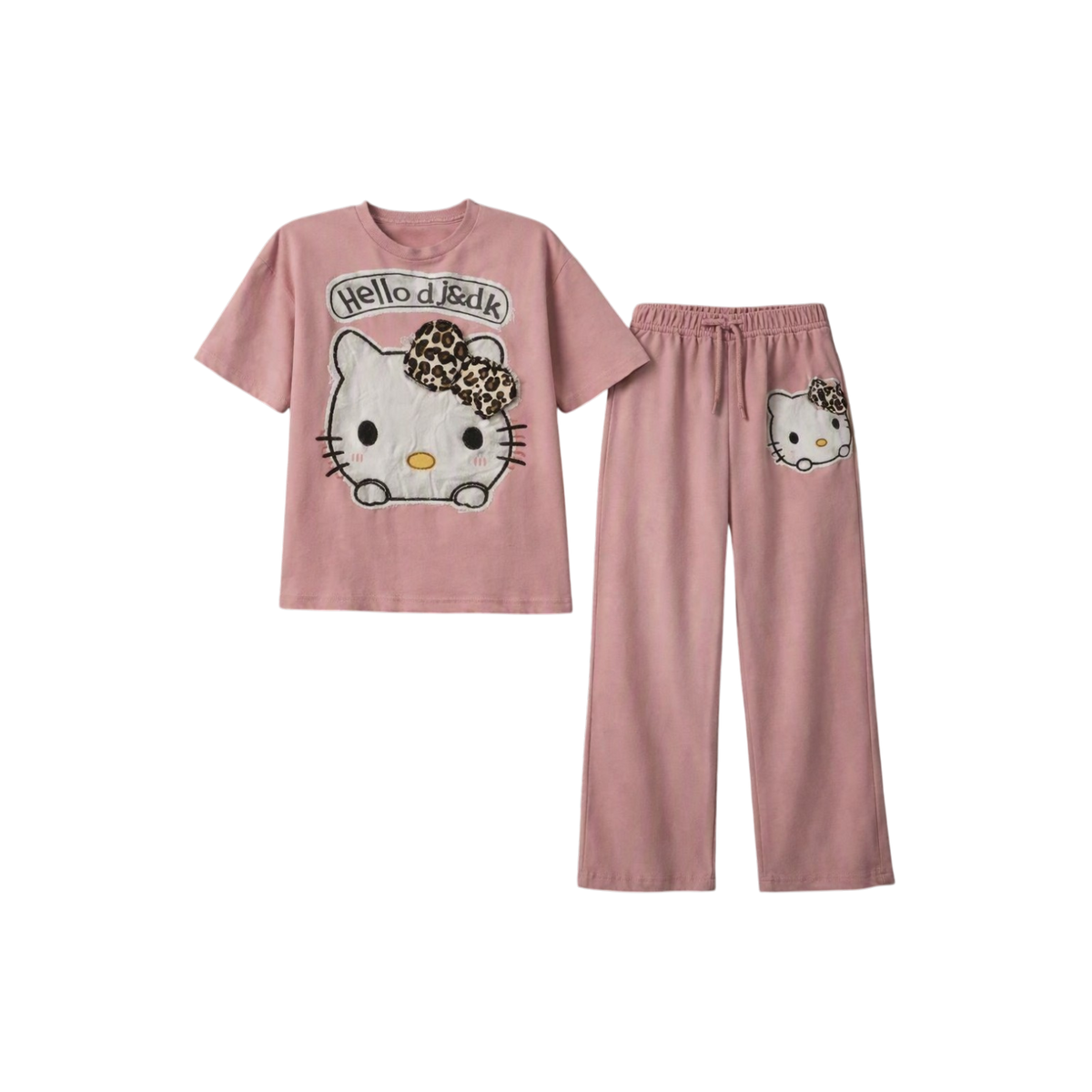 Conjunto y playera cartoon Hello Kity en color rosa de la marca My Store 2, ropa infantil con diseño de Hello Kity.