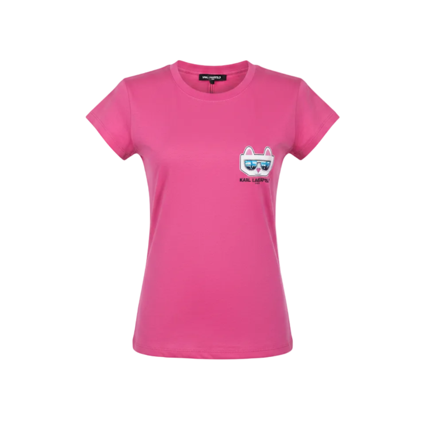 Playera premium KARL LAGERFELD Rosa para mujer, de corte l, en color rosa suave, con diseño elegante y detalles de marca.