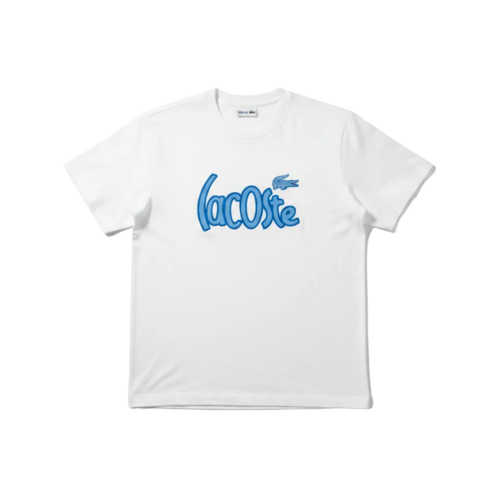 Playera premium blanca Lacoste con logo azul en tamaño XL, diseño moderno y elegante, ideal para un estilo casual y sofisticado.