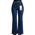 Pantalón entubado de mezclilla para mujer con diseño mom jeans y moño, en color azul.