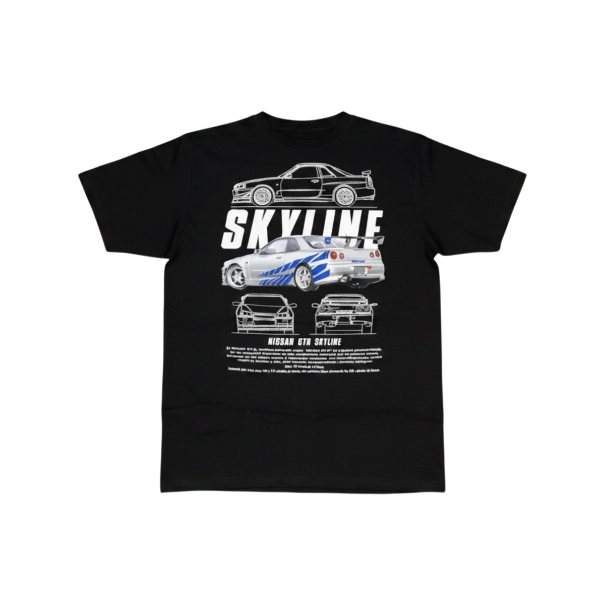 Playera esencial Nissan GT R negra de la marca My Store 2, con diseño en la parte trasera y estilo deportivo.