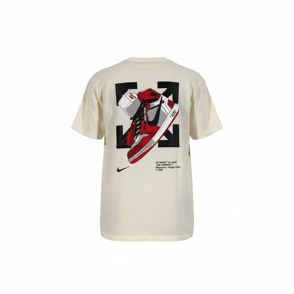 Playera premium OFF WHITE amarilla con logo y letras en la espalda, talla XL, estilo casual y moderno.