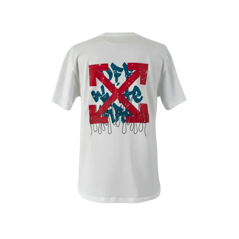 Playera blanca con líneas cruzadas OFF WHITE de talla XL, ropa premium de Selah Boutique, vista frontal con diseño moderno y elegante.