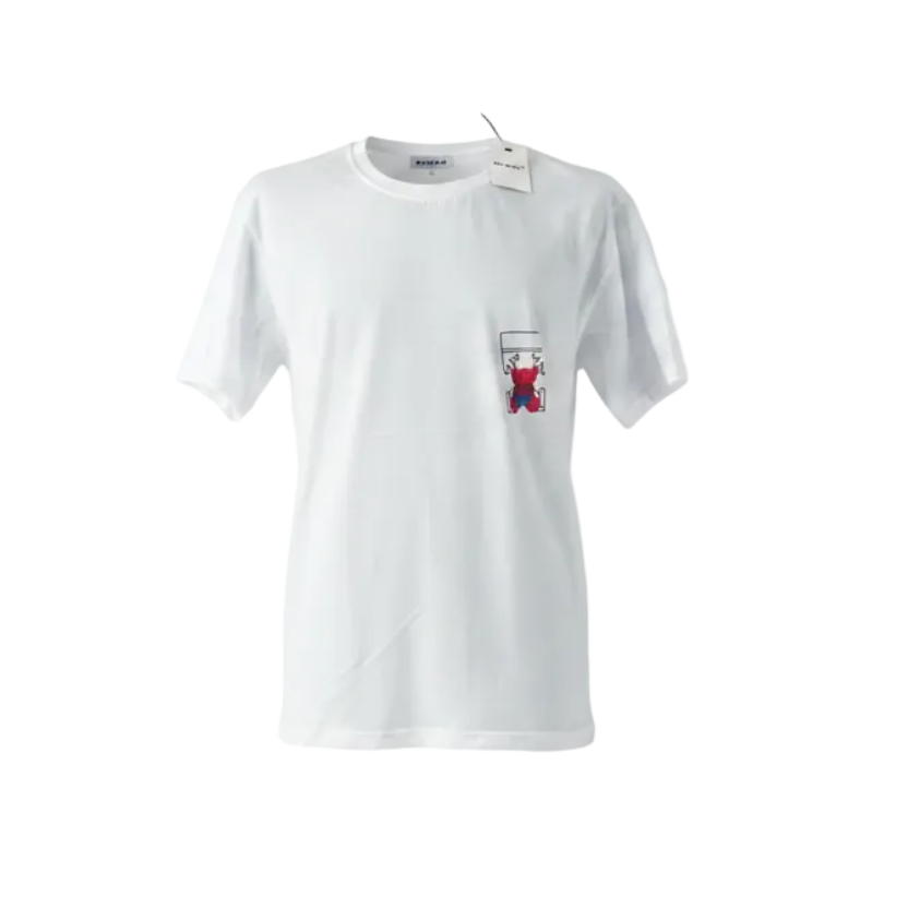 Playera premium blanca OFF WHITE Elmo rojo sin ojos, talla XL, vista trasera, moda urbana de alta calidad.