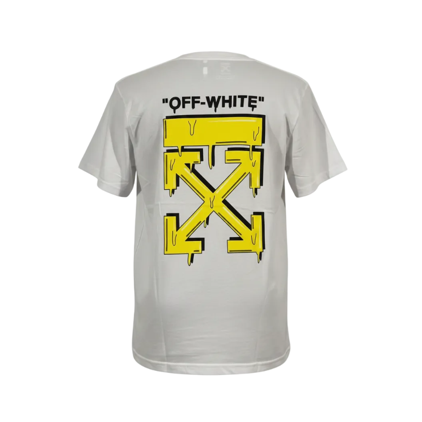 Playera blanca OFF WHITE con logo amarillo en la espalda, talla XL, ropa premium de marca Selah Boutique.