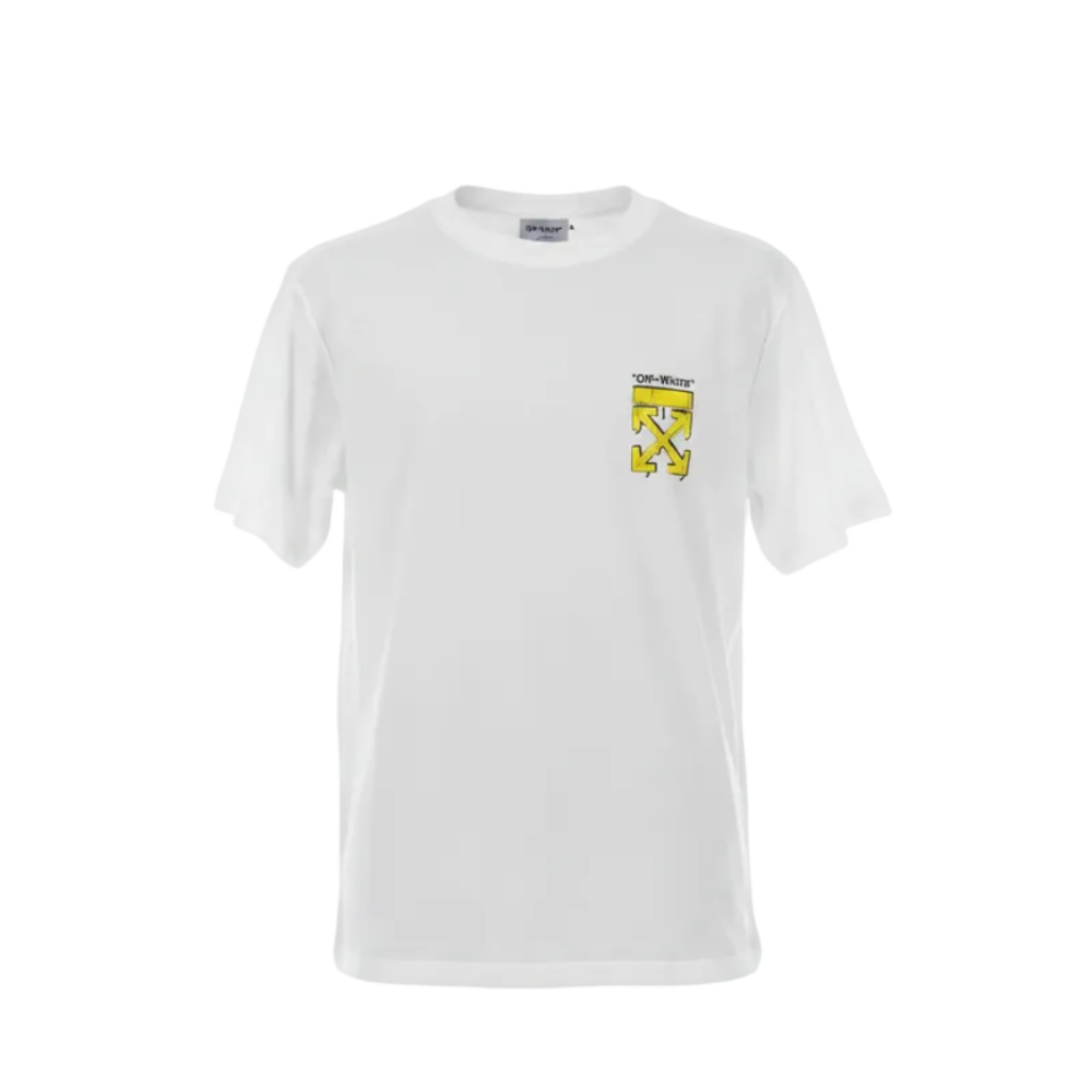 Playera blanca OFF WHITE con logo amarillo en la espalda, talla XL, de la marca Selah Boutique, ropa premium y moderna.