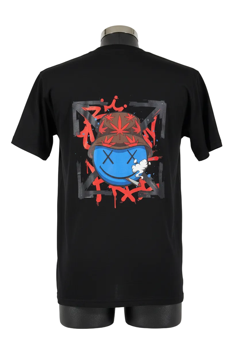 OFF WHITE NEGRA CON LOGO DE CARITA AZUL Y TACHES EN LOS OJOS ESPALDA XL