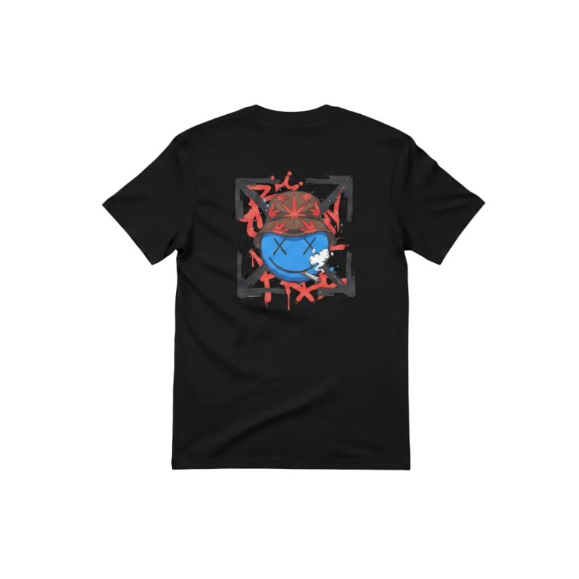 Playera premium Off White negra con logo de carita azul y taches en los ojos, tamaño XL, vista trasera.