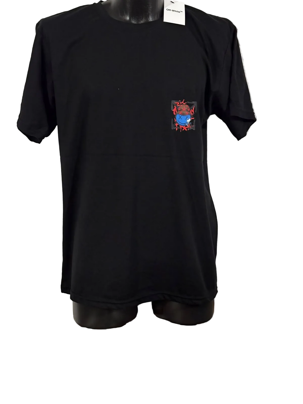 OFF WHITE NEGRA CON LOGO DE CARITA AZUL Y TACHES EN LOS OJOS ESPALDA XL